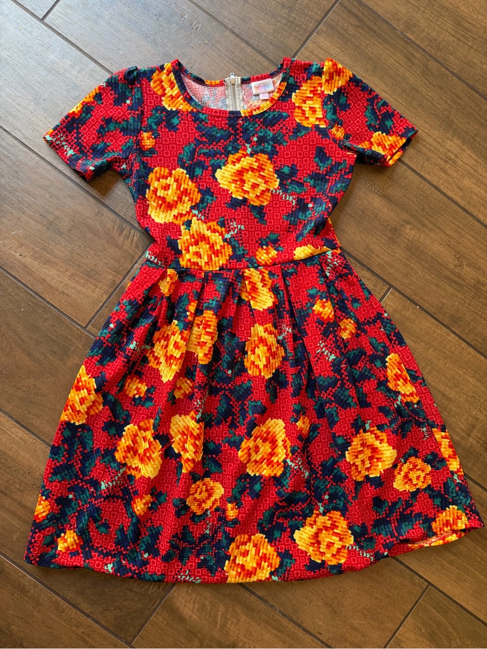 LuLaRoe Amelia Dress in Pixelated Yellow Roses- Women’s M